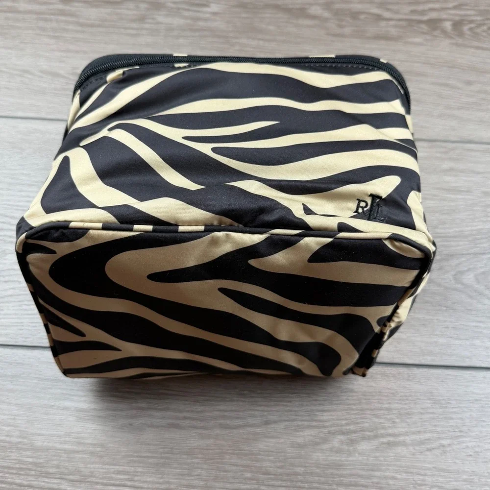 Lauren Ralph Lauren Womens Cosmetic Bag Zebra Animal Print Tan Black NWT